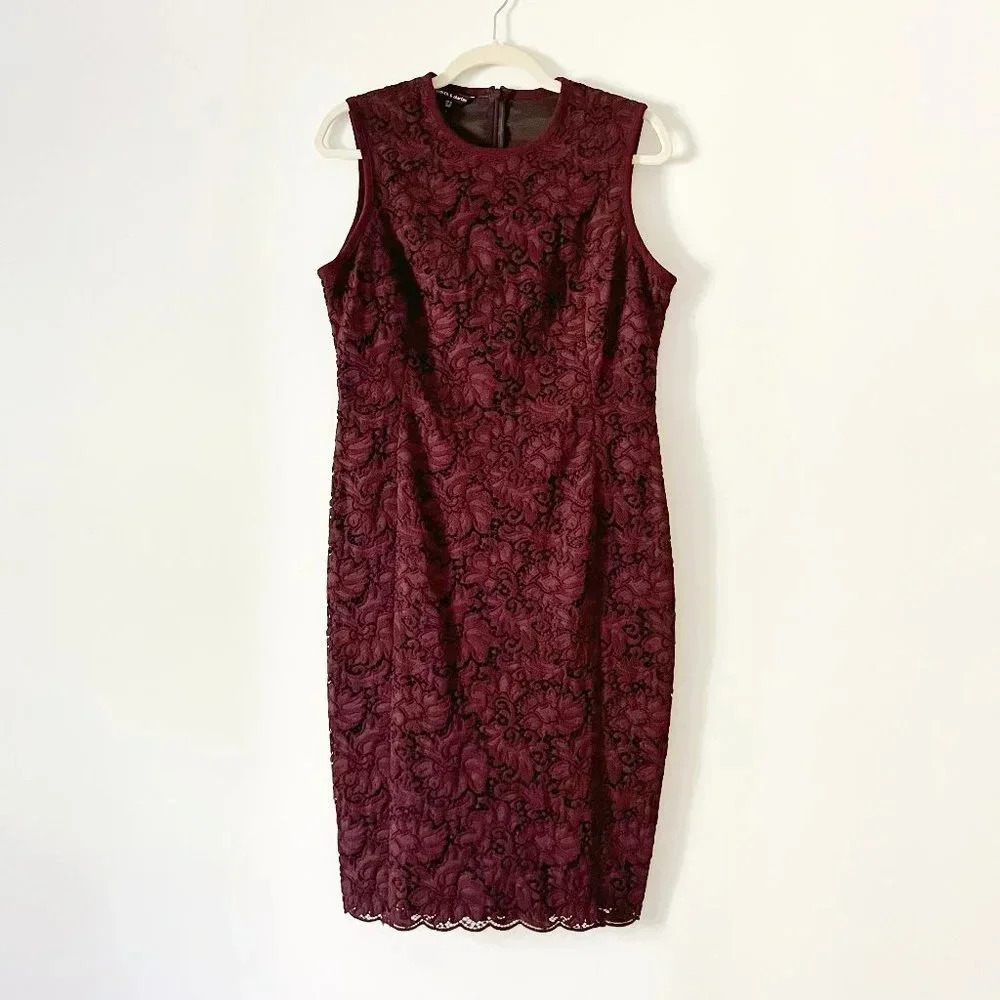 Judith & Charles Lace Sheath  Bodycon Midi Dress in Burgundy Size 10